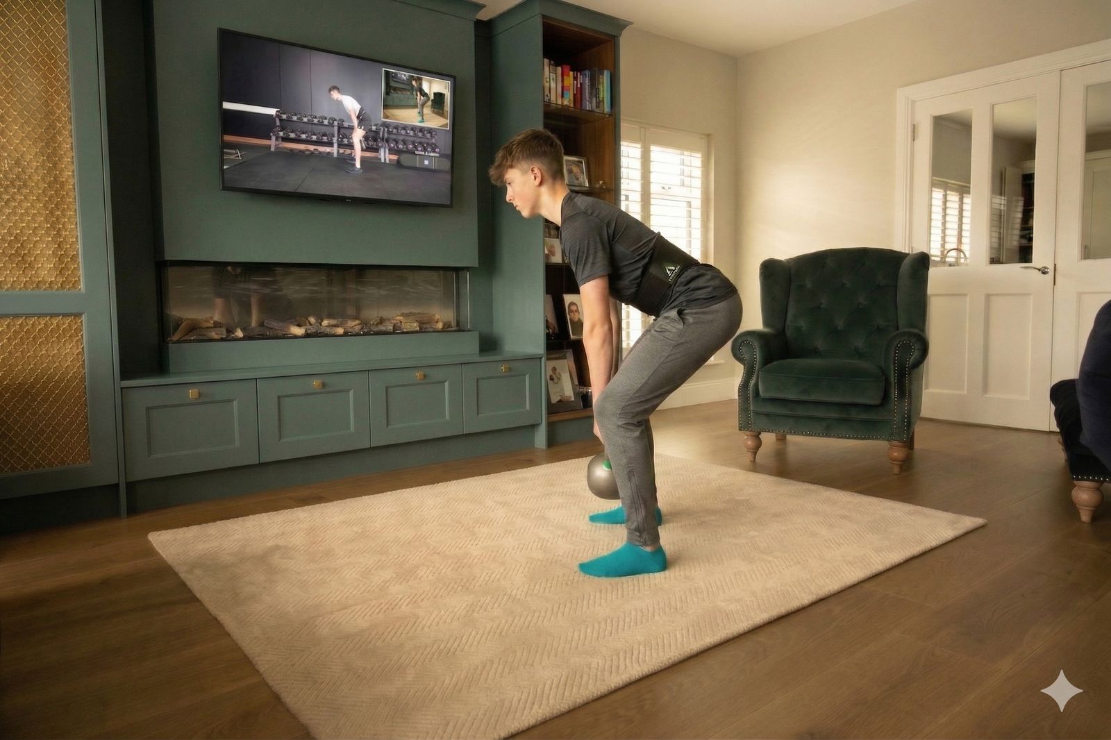 A person hinging forward over a weight on the floor of a living room, following a class on the television.