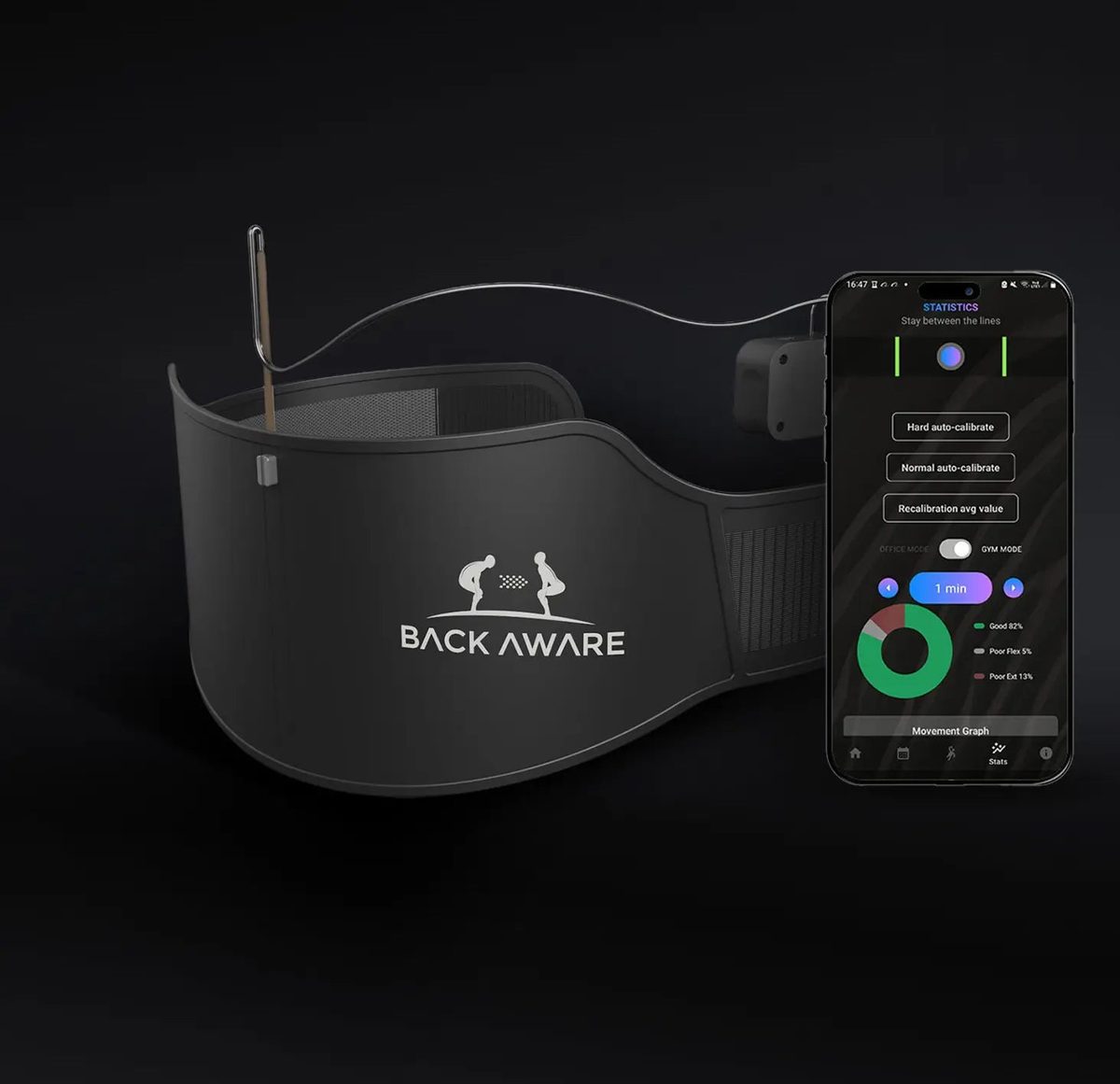 The BackAware belt, a wide black band carrying the BackAware wordmark, beside a phone showing the app with a green position dial.